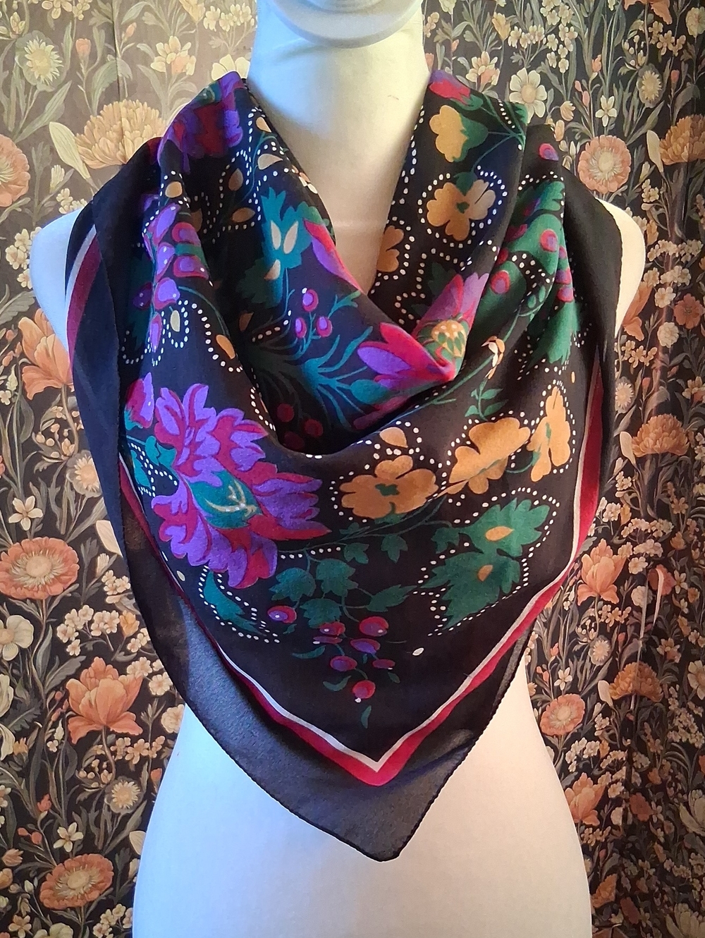 Vintage Gorgeous Floral Print Over Black Square Scarf